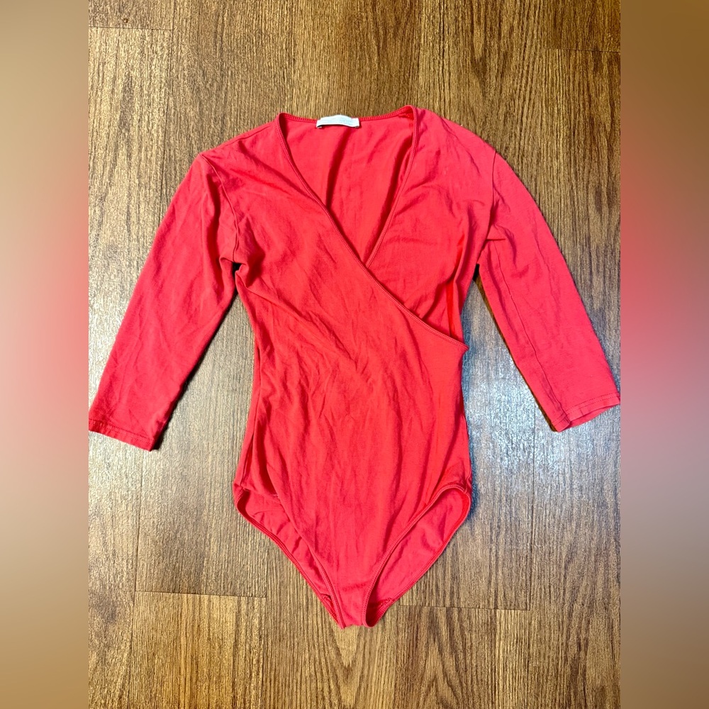 Zara Red Bodysuit with Wrap V-Neck and Three-Quarter Sleeves